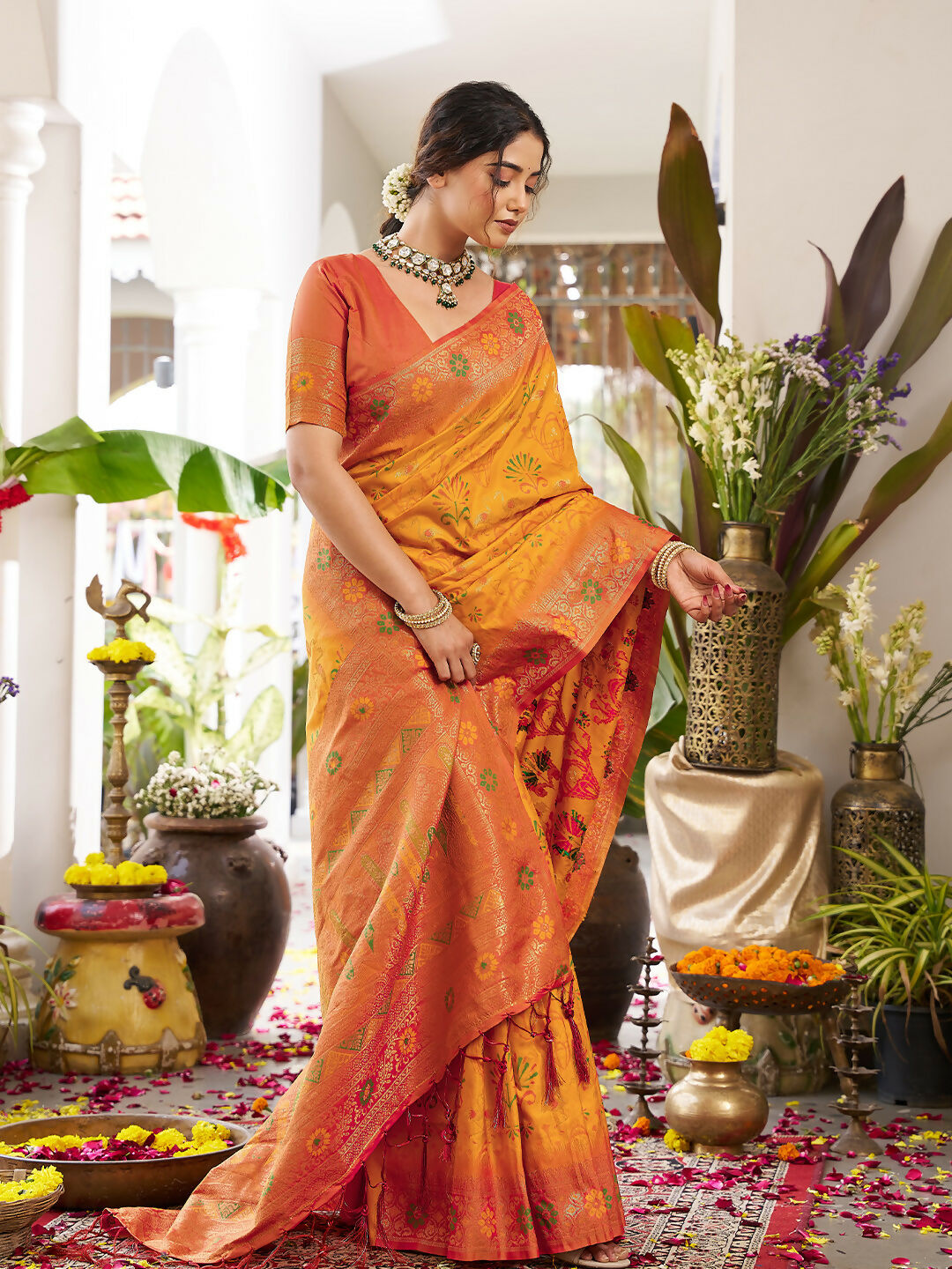 Yellow Soft Silk Saree with Contrast Orange Blouse Piece