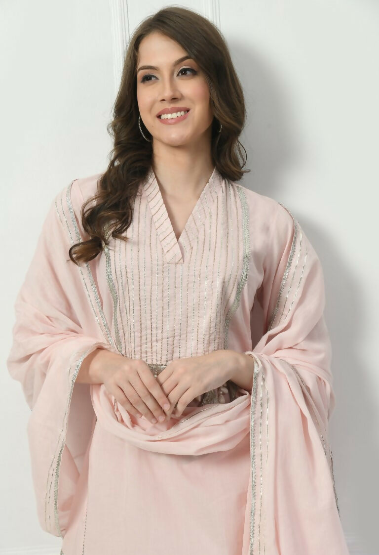 Cream Cotton Kurta Set with Organza Dupatta - 3 Piece Suit