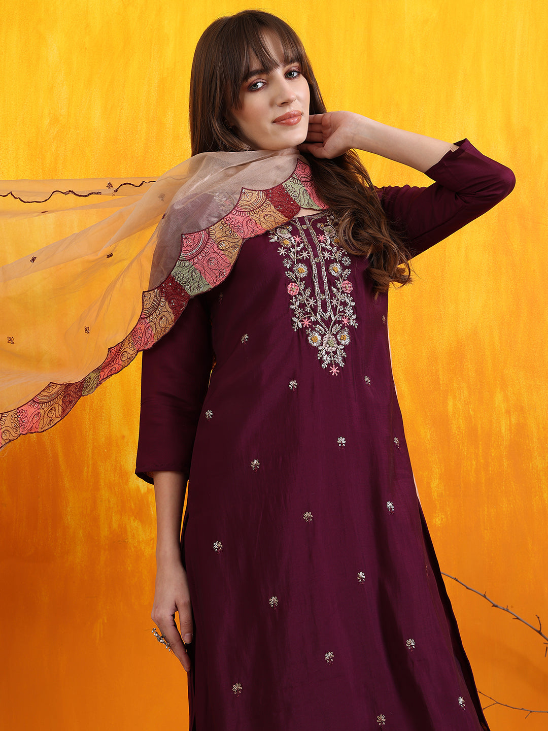 Hand Embroidered Chanderi Kurta Set with Organza Dupatta in Purple