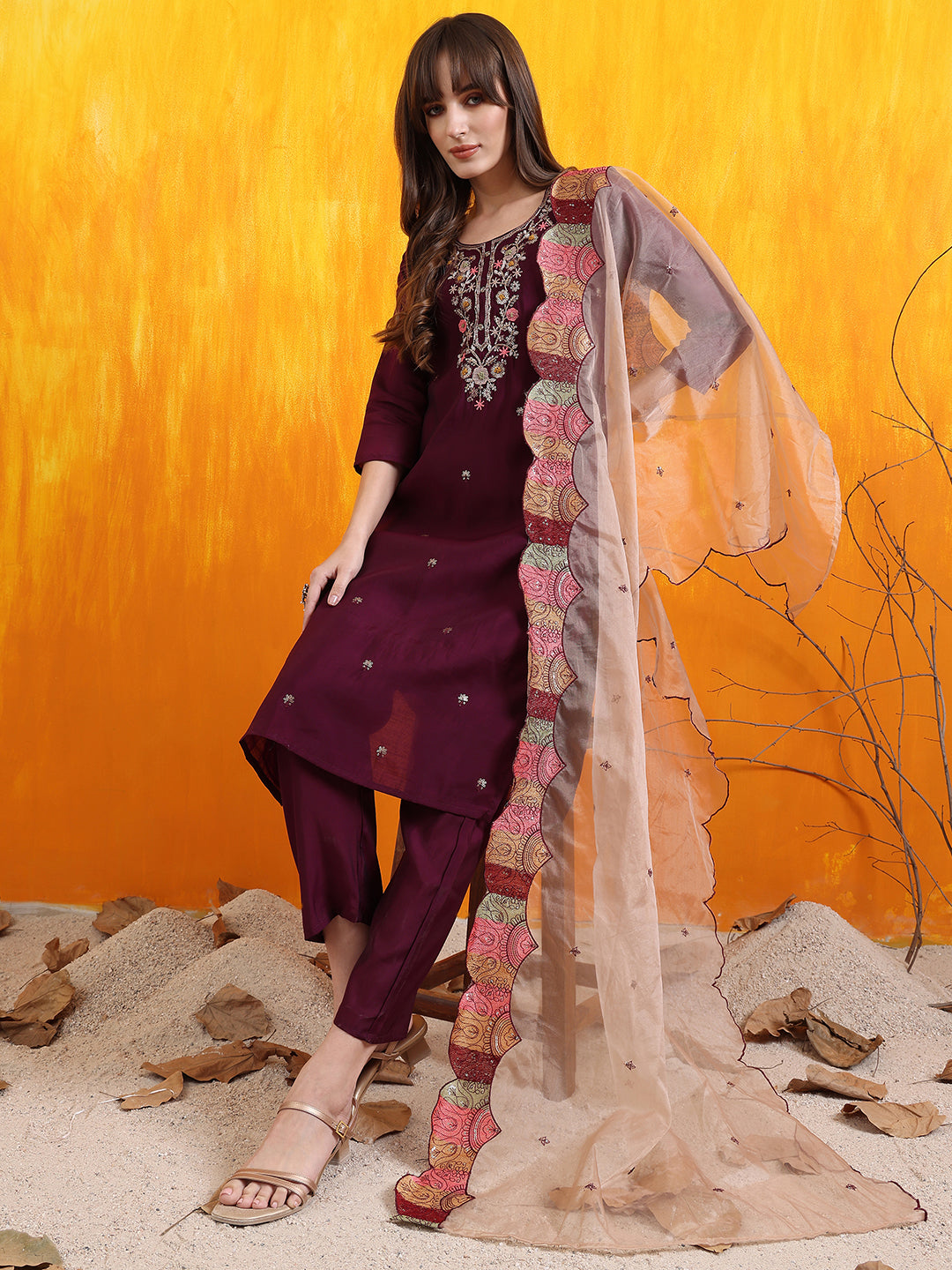 Hand Embroidered Chanderi Kurta Set with Organza Dupatta in Purple