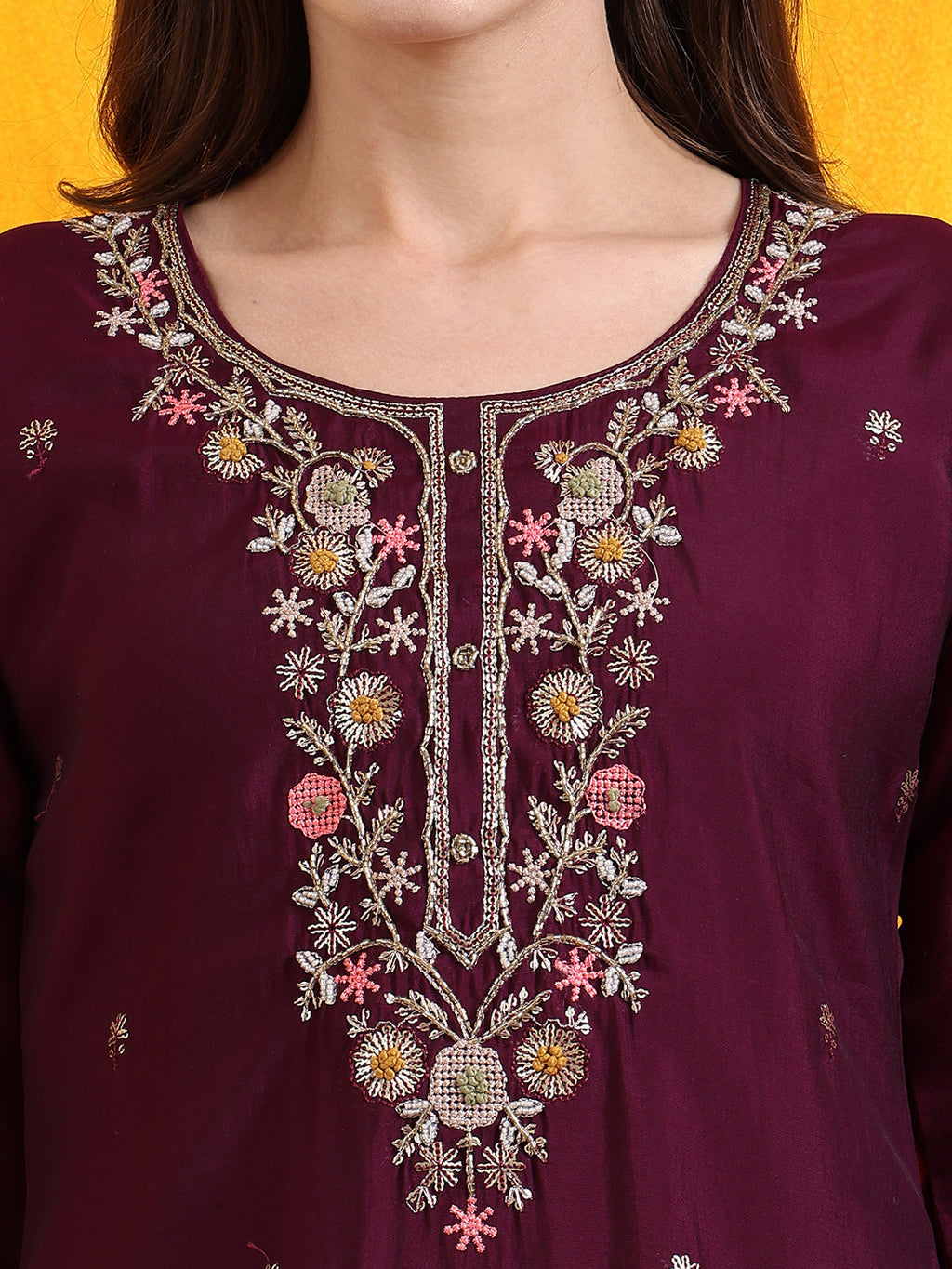 Hand Embroidered Chanderi Kurta Set with Organza Dupatta in Purple