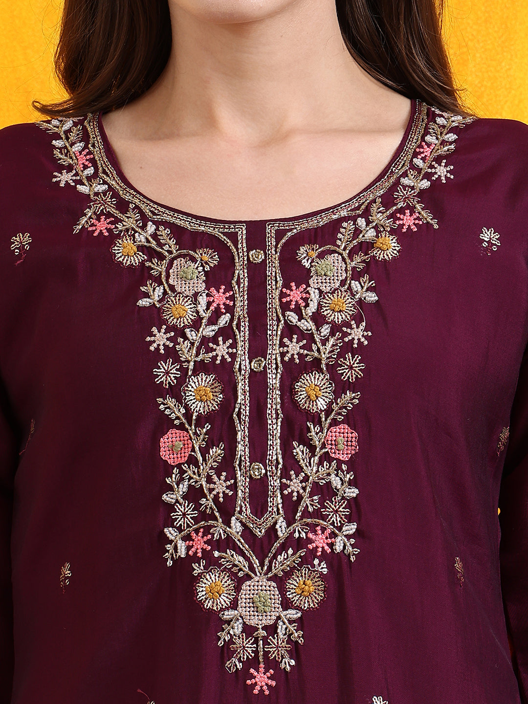 Hand Embroidered Chanderi Kurta Set with Organza Dupatta in Purple