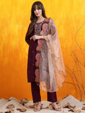 Purple Chanderi hand-embroidered kurta set with matching pants and organza dupatta