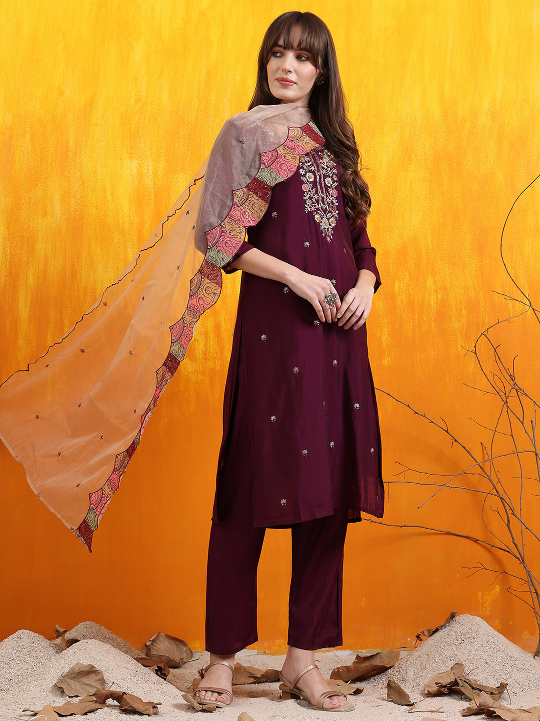 Hand Embroidered Chanderi Kurta Set with Organza Dupatta in Purple