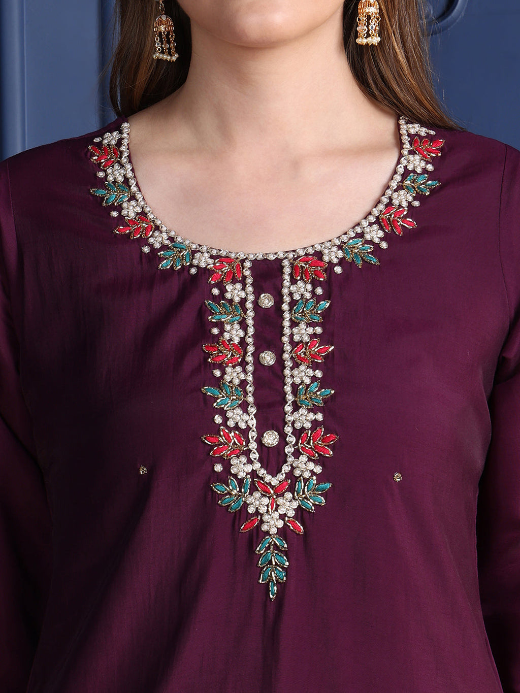 Purple Hand Embroidered Chanderi Kurta Set with Printed Dupatta