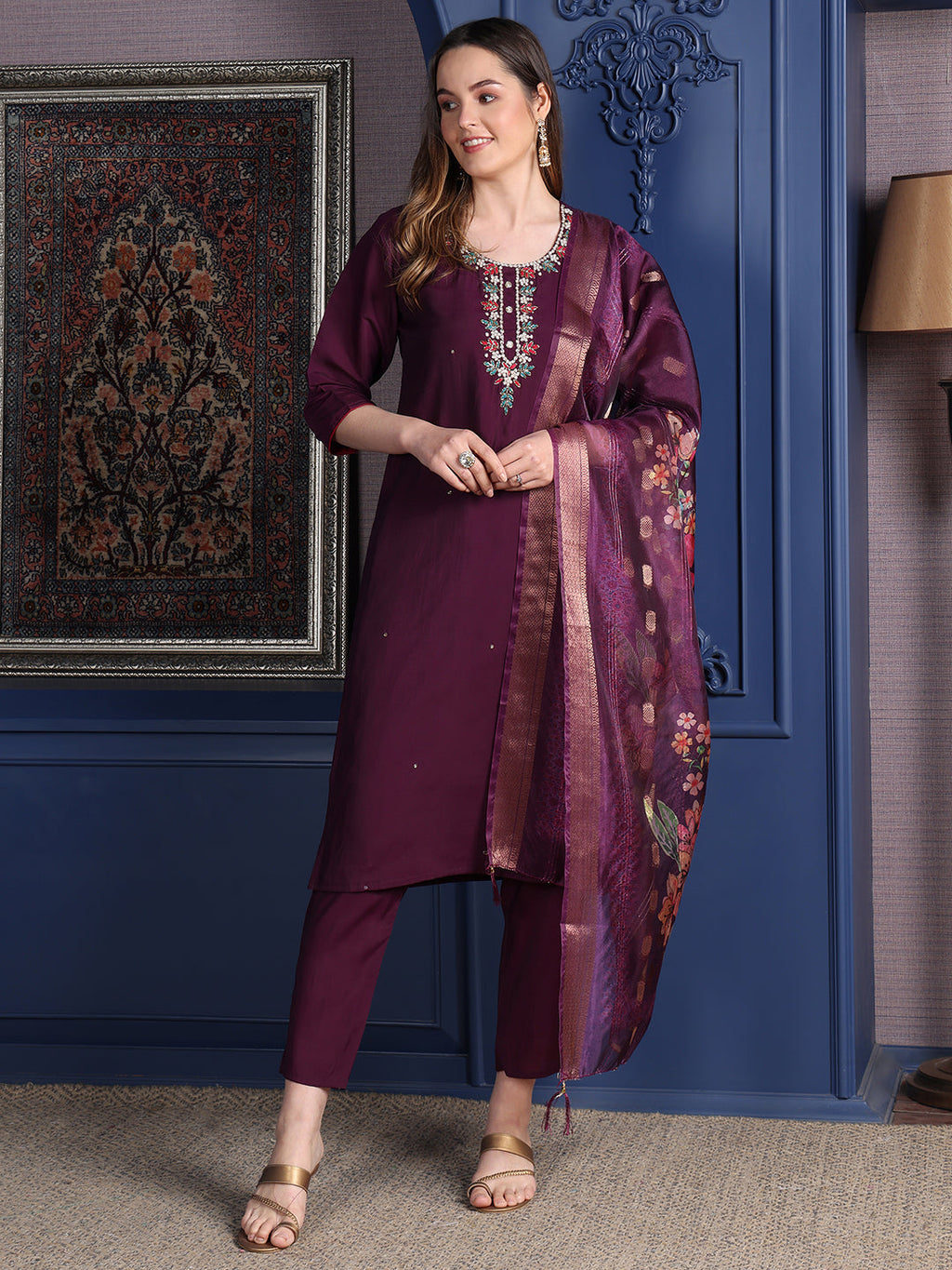 Purple Chanderi kurta set featuring delicate hand embroidery and a printed dupatta with matching pants