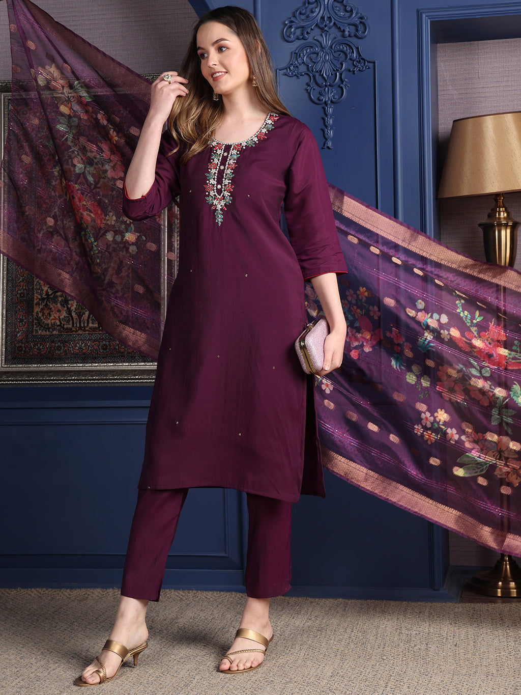 Purple Hand Embroidered Chanderi Kurta Set with Printed Dupatta