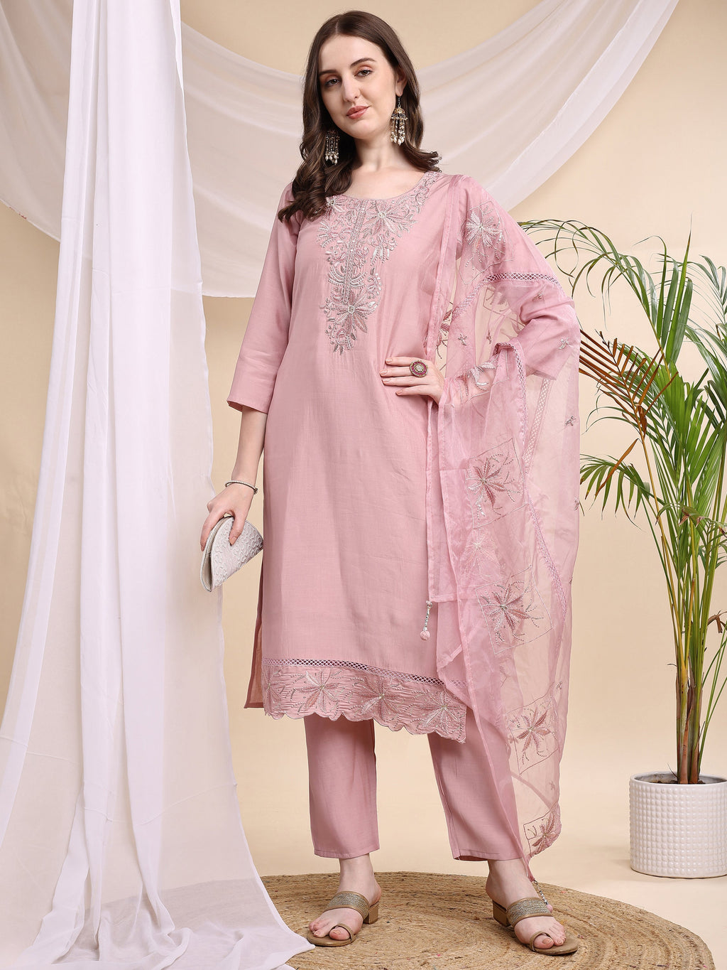 Embroidered Pink Kurta Set with Printed Organza Dupatta