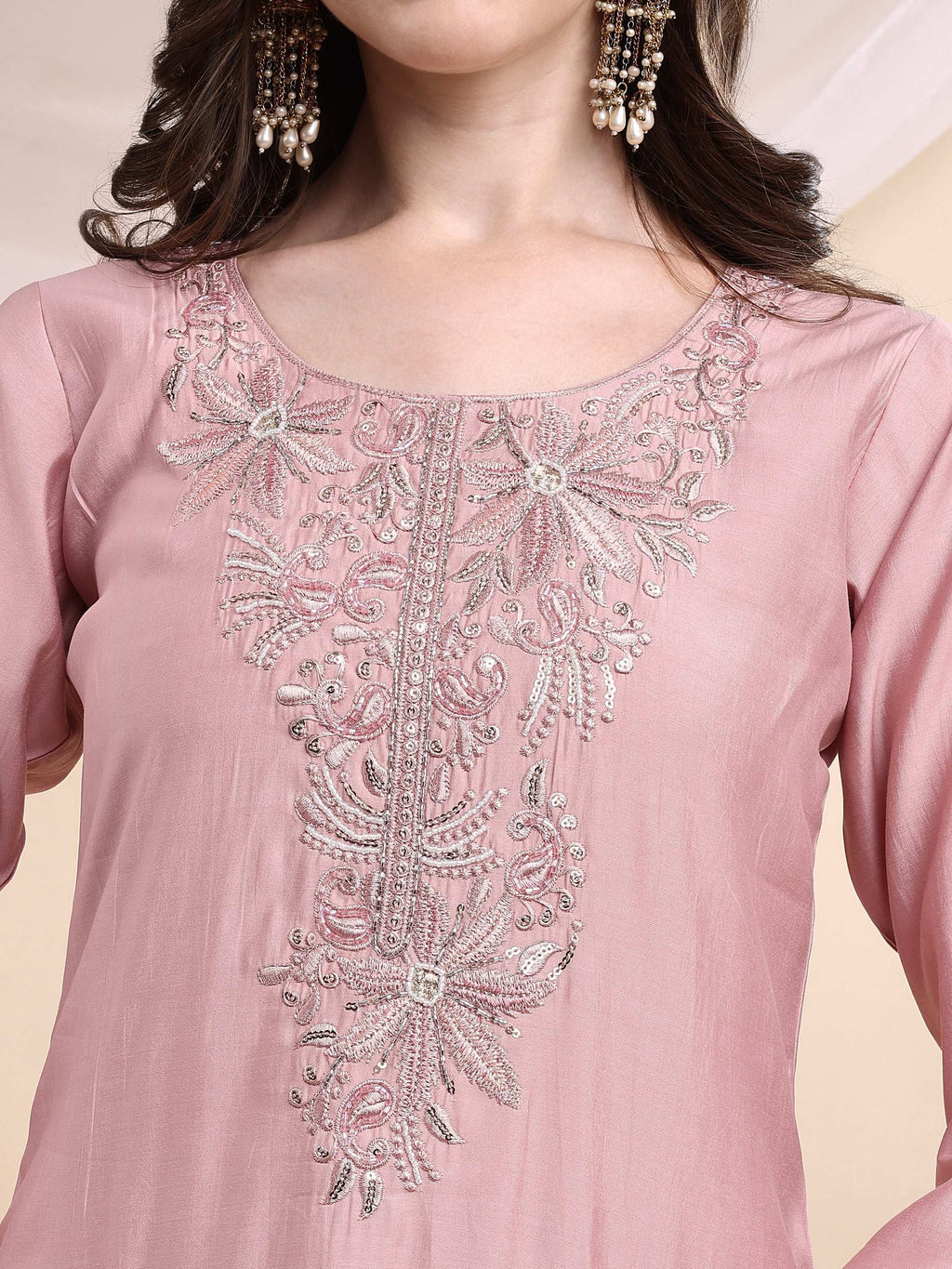 Embroidered Pink Kurta Set with Printed Organza Dupatta