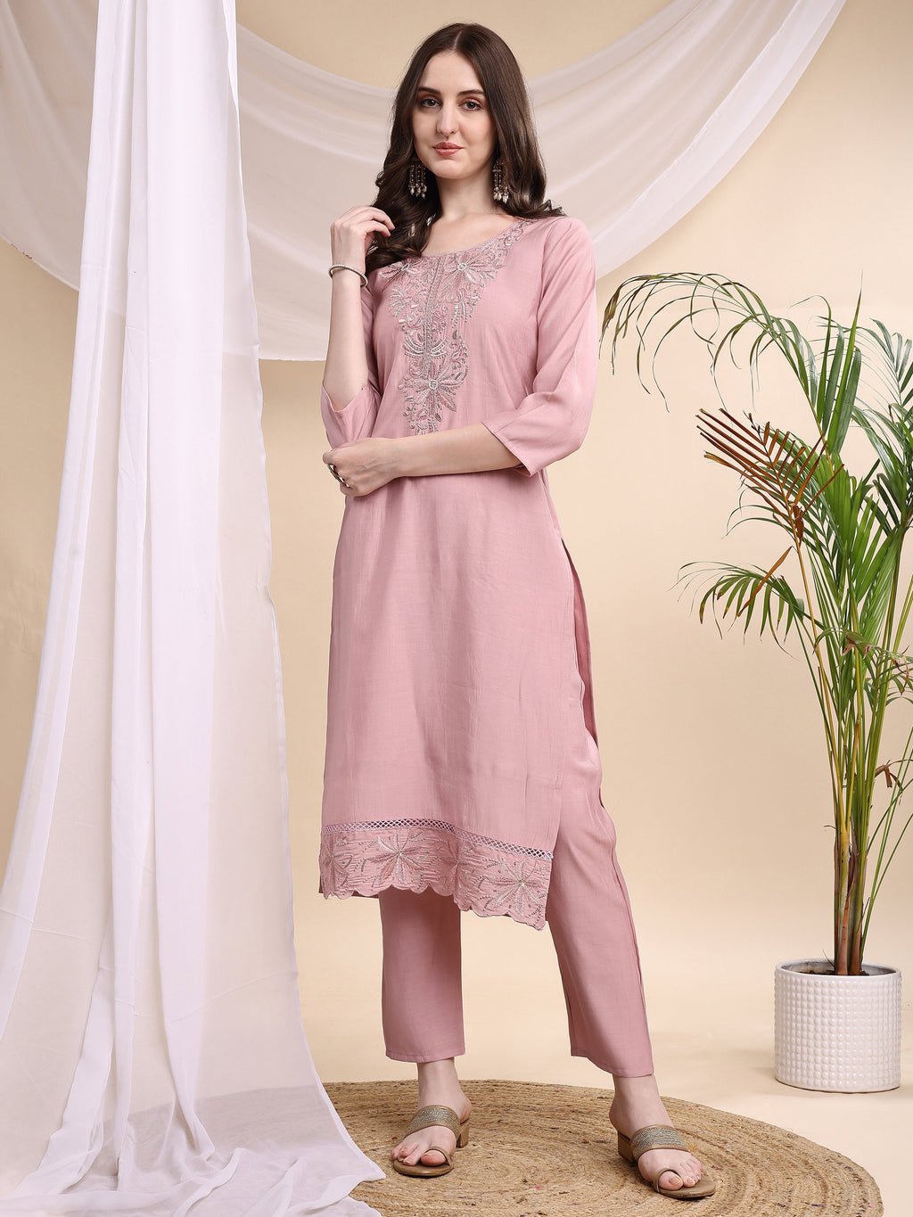 Embroidered Pink Kurta Set with Printed Organza Dupatta