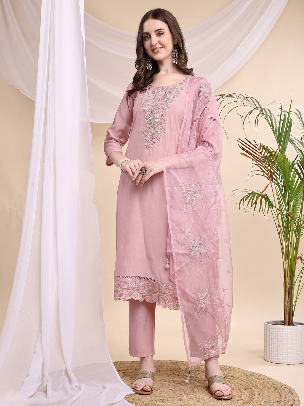 Pink embroidered Chanderi kurta set with a printed organza dupatta