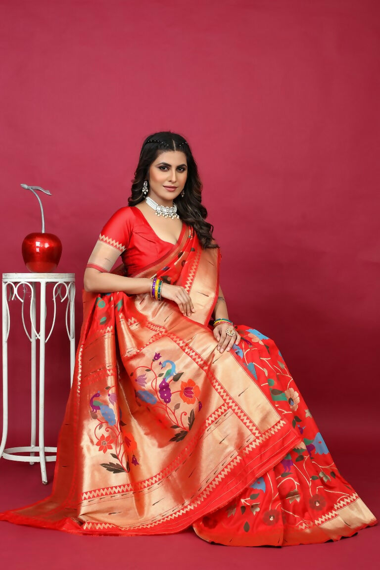 Red Paithani Silk Zari Woven Saree with Matching Blouse