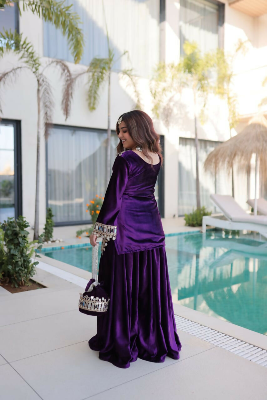 Purple Velvet Embroidered Sequence Work Readymade Kurta Set