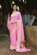 A beautiful baby pink crepe chiffon handloom Banarasi silk saree for toddlers and young girls.