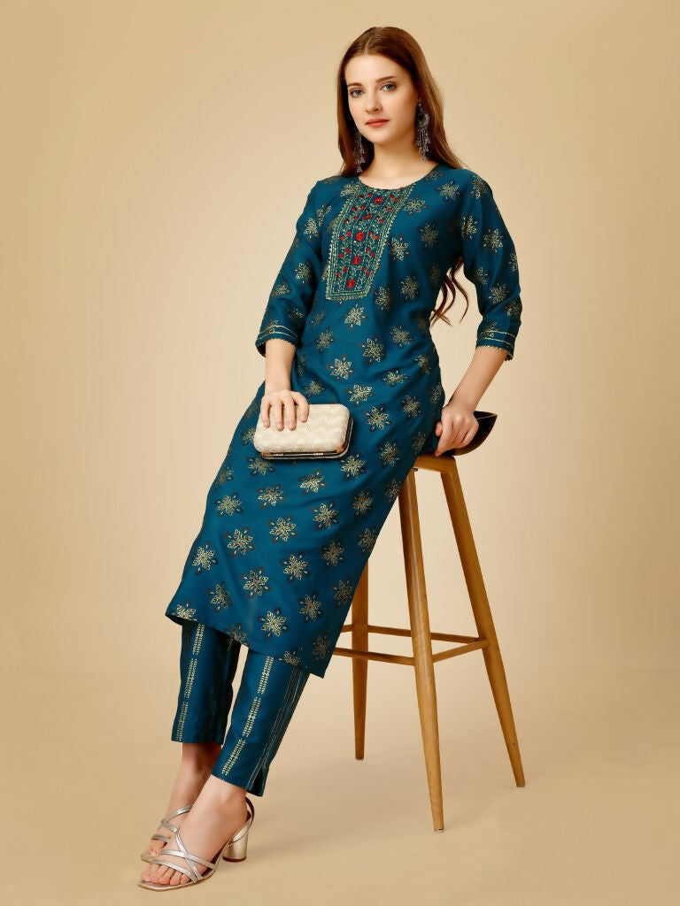 Women's Navy Blue Embroidered Straight Kurta Pant Set