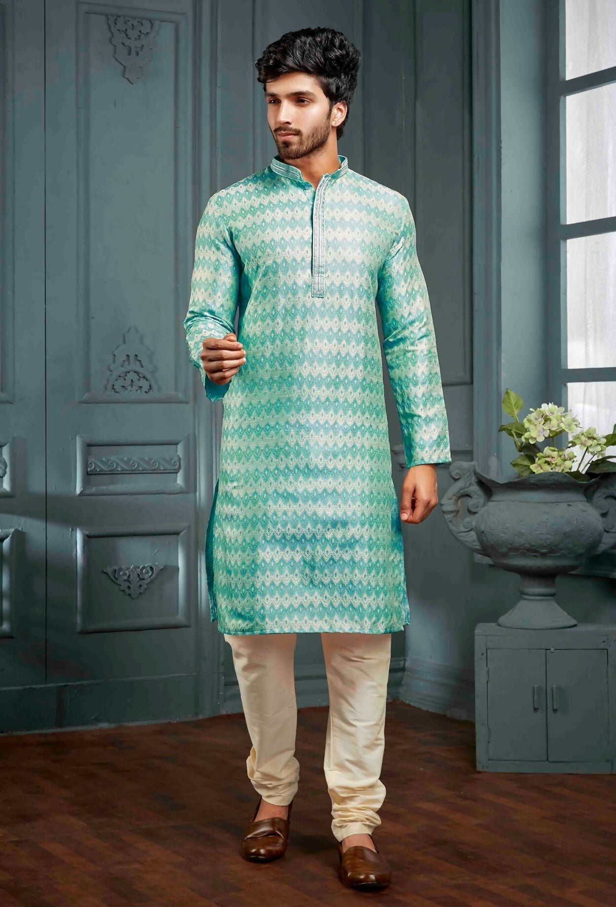 Joban Fashion Men's Sky Blue Poly Jacquard Kurta Pajama