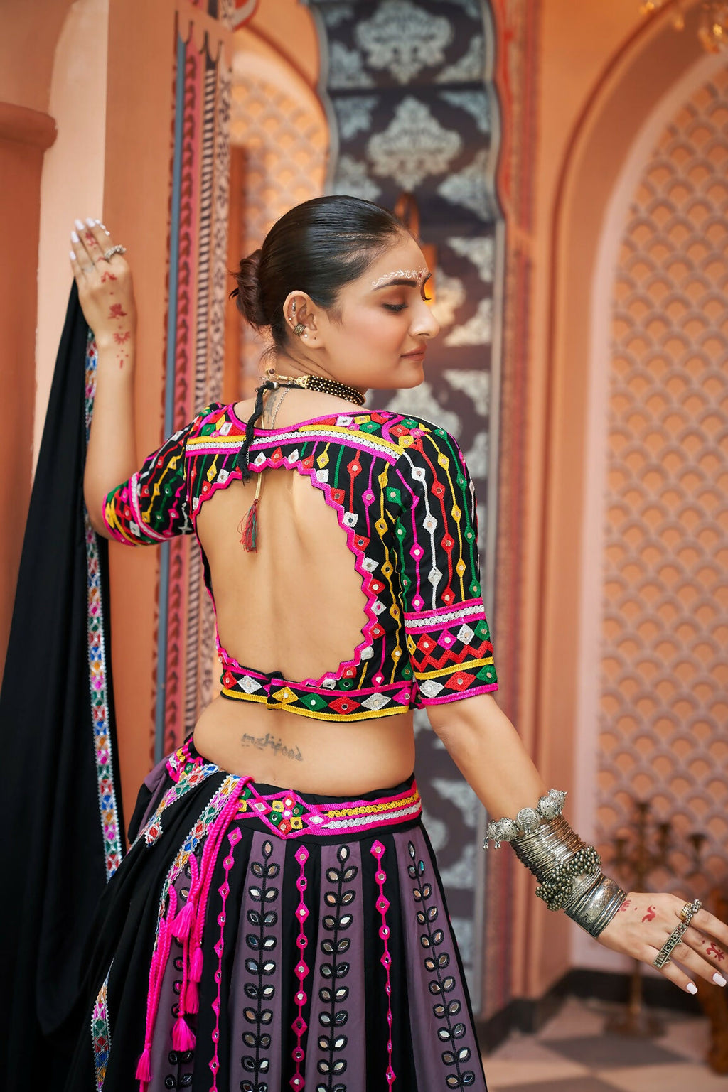 Multi-Color Viscose Rayon Navratri Lehenga Choli with Black Blouse