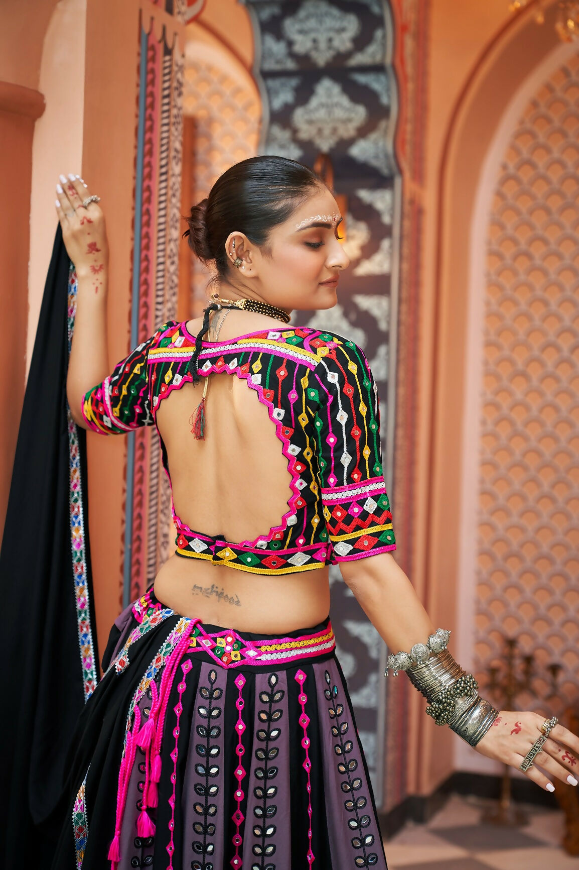 Multi-Color Viscose Rayon Navratri Lehenga Choli with Black Blouse