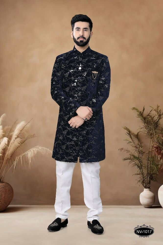 Men's blue velvet Indo-Western kurta featuring all-over thread and sequence embroidery.