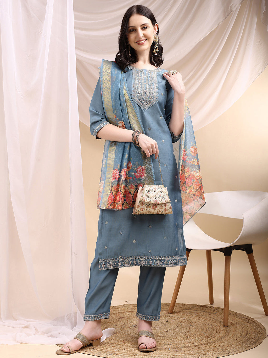 Turquoise Chanderi Sequined Embroidered Kurta Set with Dupatta