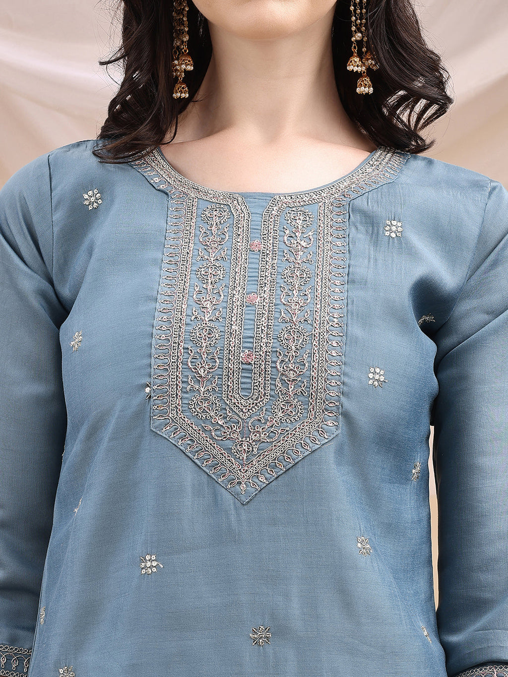 Turquoise Chanderi Sequined Embroidered Kurta Set with Dupatta