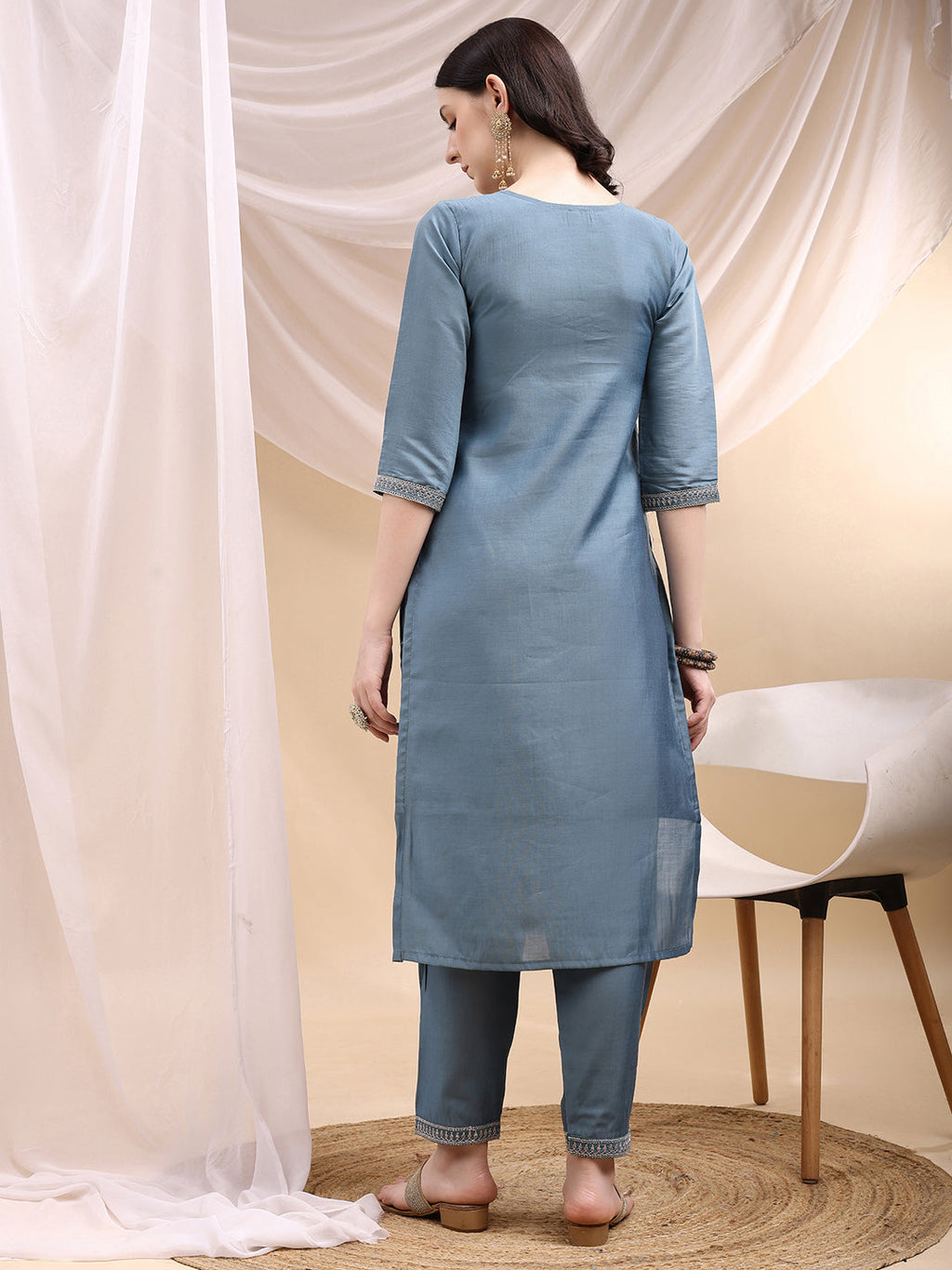 Turquoise Chanderi Sequined Embroidered Kurta Set with Dupatta