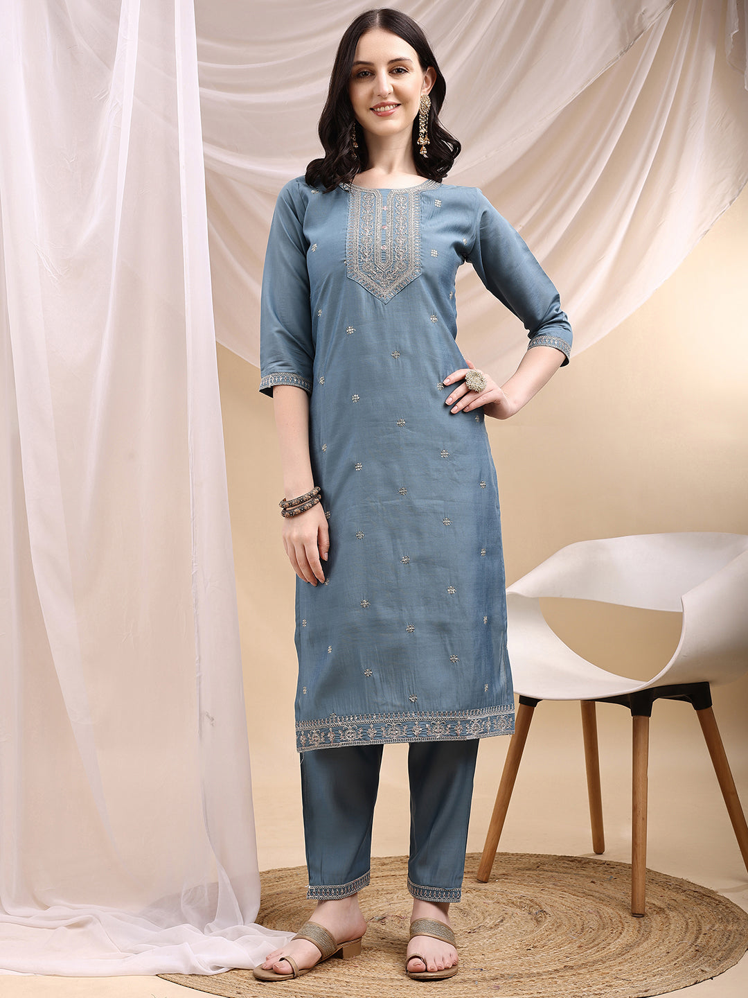 Turquoise Chanderi Sequined Embroidered Kurta Set with Dupatta