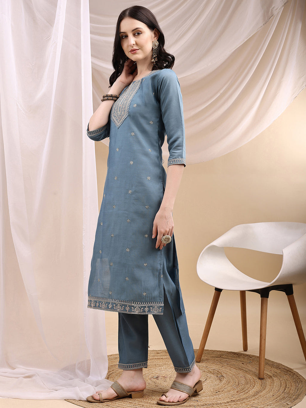 Turquoise Chanderi Sequined Embroidered Kurta Set with Dupatta
