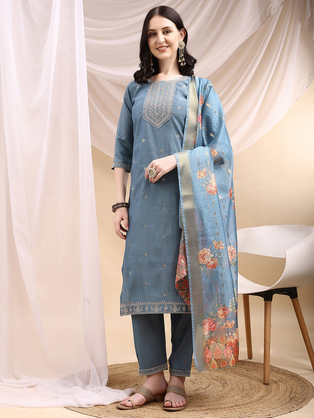 Turquoise Chanderi kurta set with sequin embroidery, matching pants, and printed dupatta