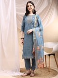 Turquoise Chanderi kurta set with sequin embroidery, matching pants, and printed dupatta