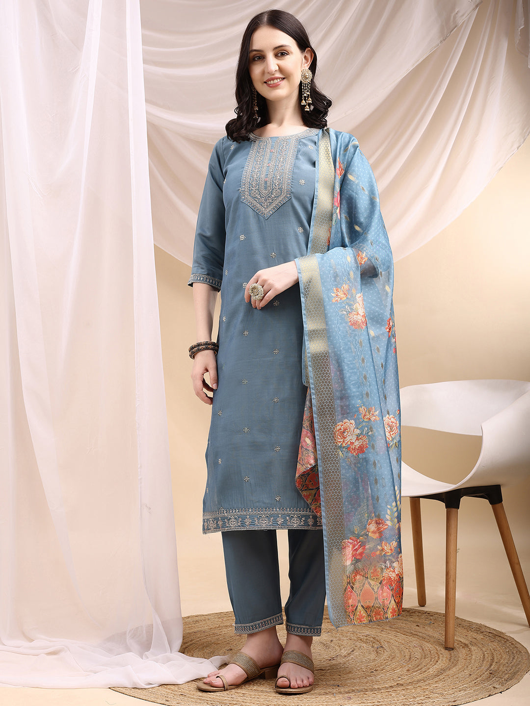 Turquoise Chanderi kurta set with sequin embroidery, matching pants, and printed dupatta