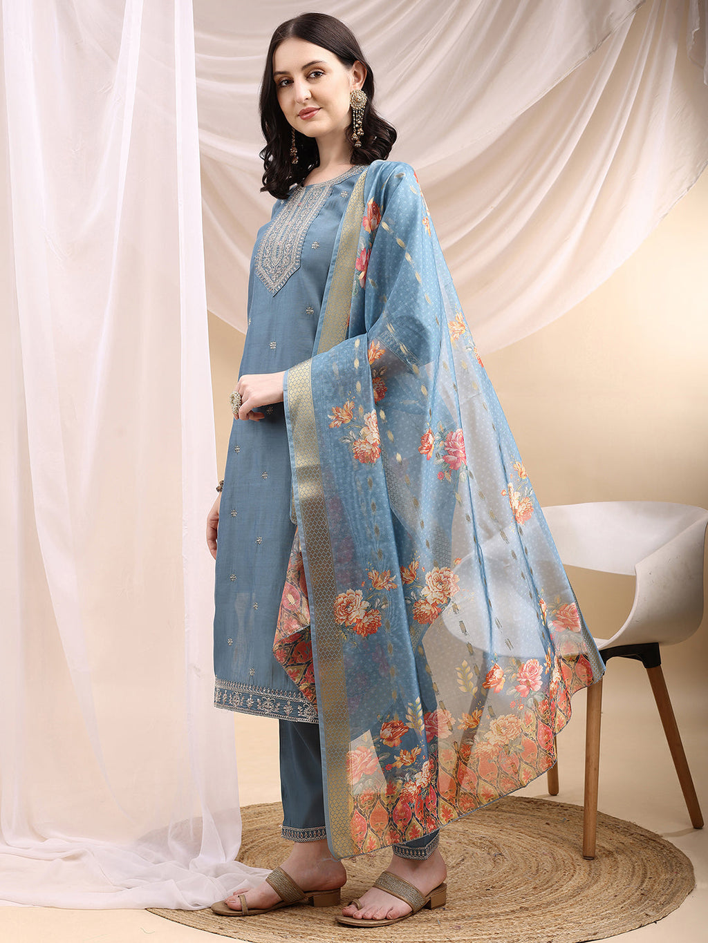 Turquoise Chanderi Sequined Embroidered Kurta Set with Dupatta