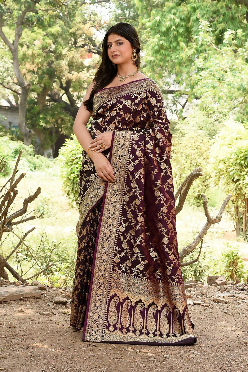Plum Purple Banarasi Soft Silk Handloom Saree