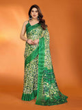Green Kota Doria saree with elegant prints and a matching blouse piece.