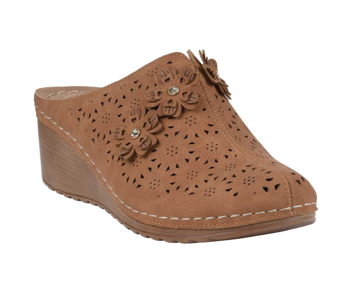 GC Shoes Krista brown wedge mule featuring floral cutout details and rhinestone flower accents on the upper.