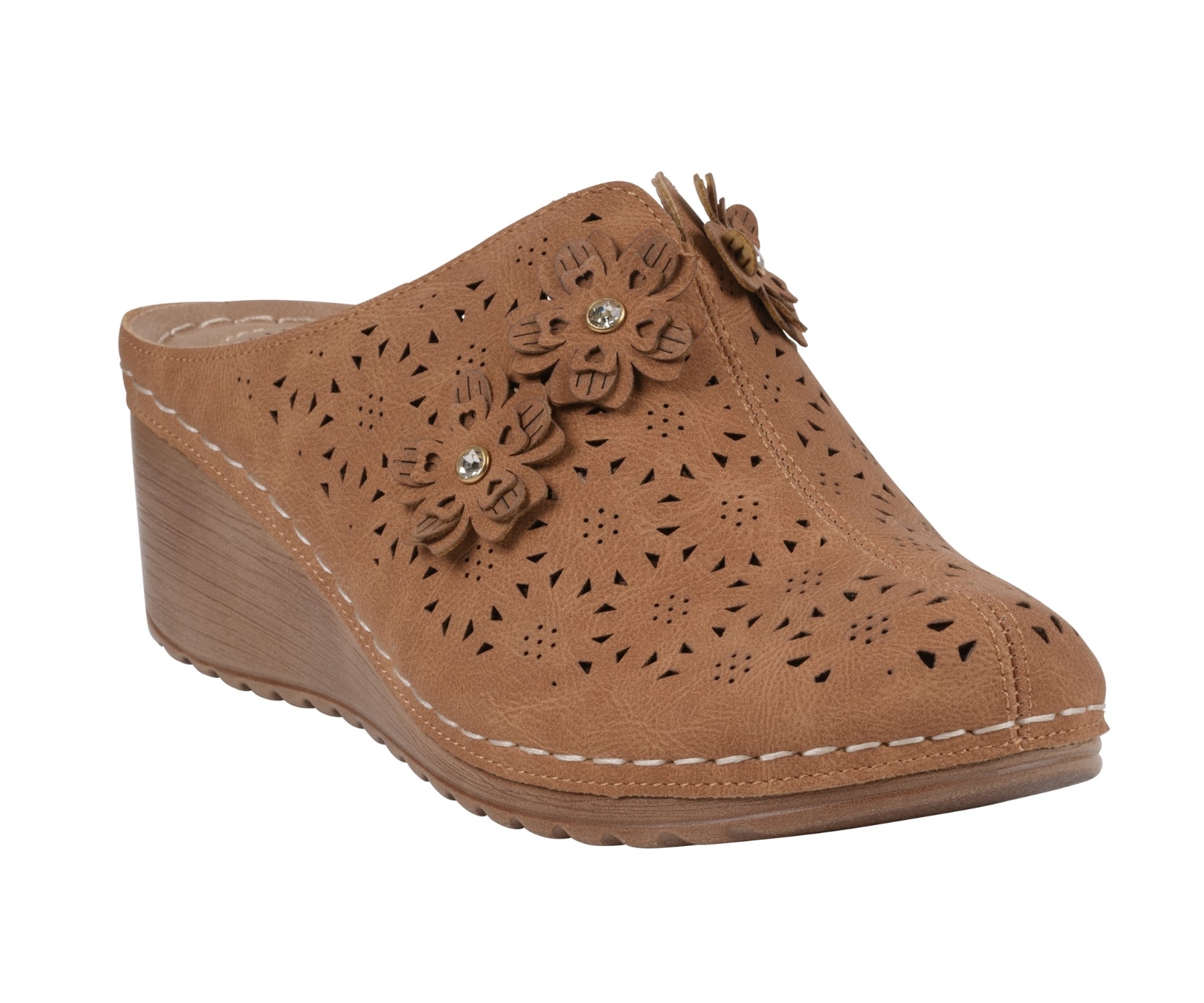 GC Shoes Krista brown wedge mule featuring floral cutout details and rhinestone flower accents on the upper.