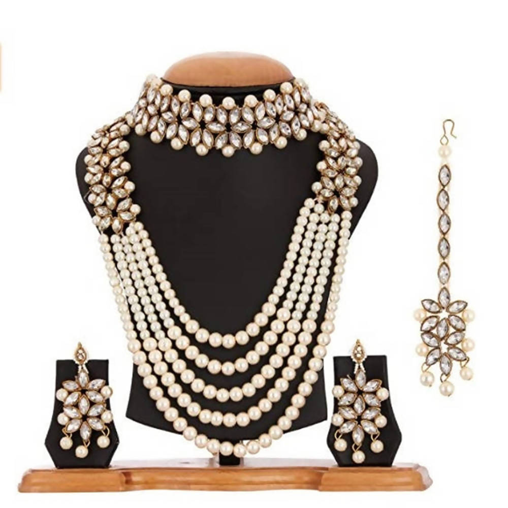 Rajwadi Gold-Polished Stone and Pearl Statement Necklace Set