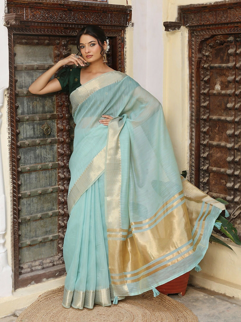 Sky Blue Cotton Saree with Contrast Green Blouse