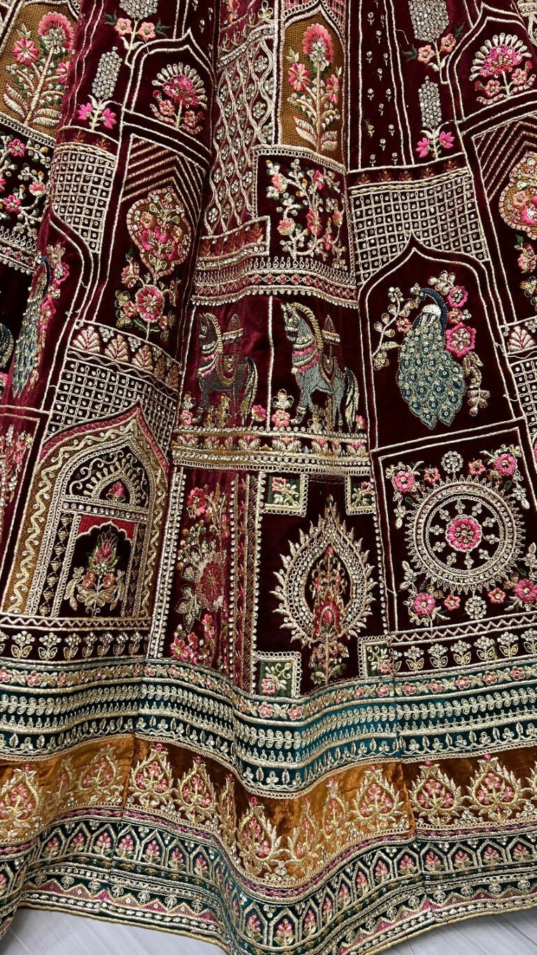Maroon Velvet Lehenga Choli with Dori, Sequins & Diamond Work