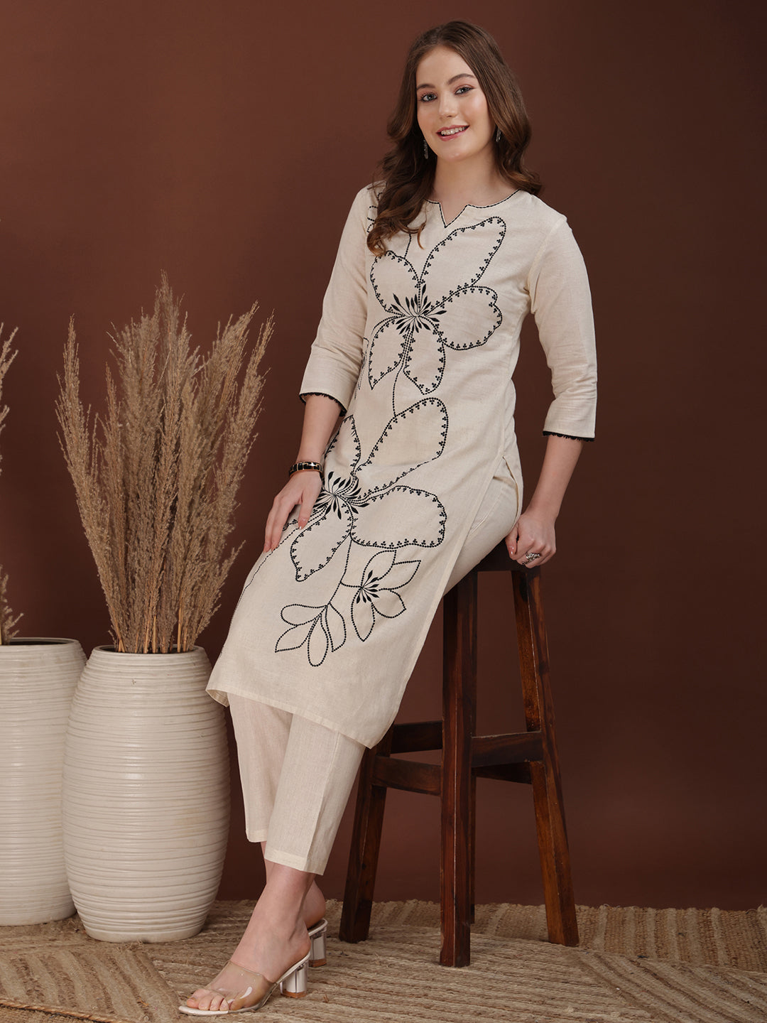 White Floral Embroidered Co Ord Set with Sweetheart Neckline
