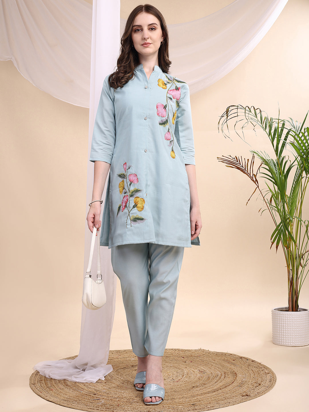 Aqua-Blue Floral Painted & Beaded Chanderi Co-Ord Set