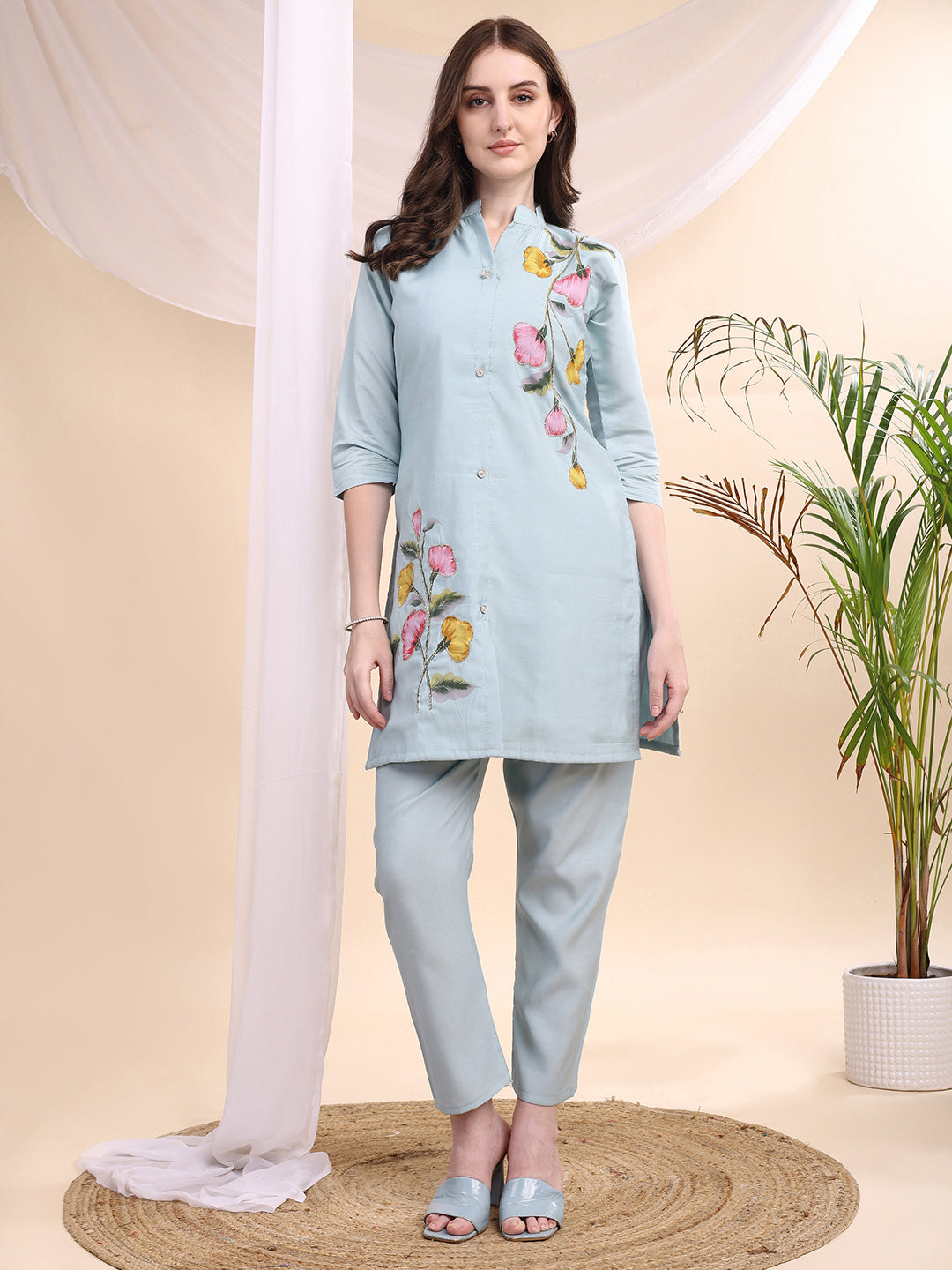 Aqua-Blue Floral Painted & Beaded Chanderi Co-Ord Set