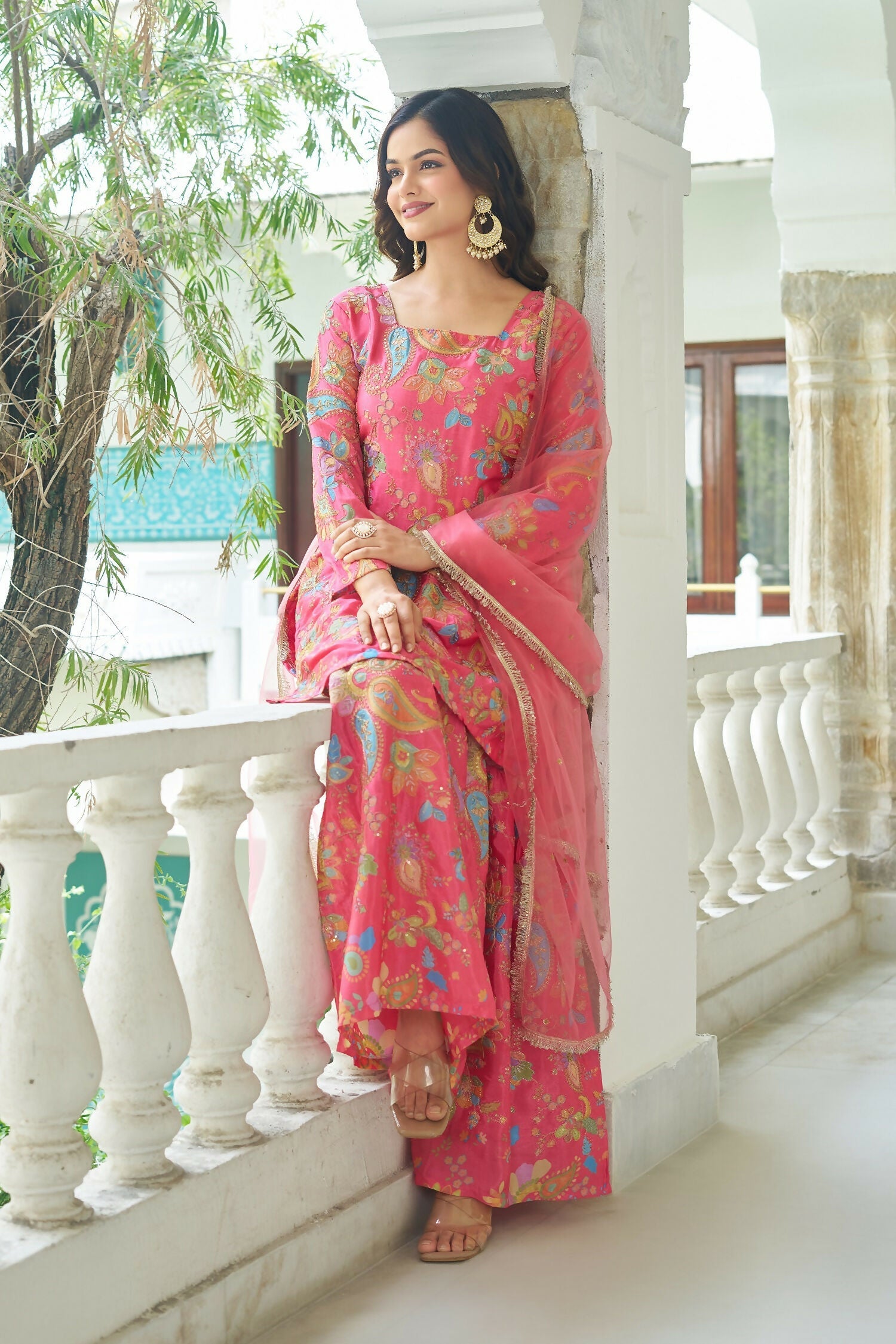 Pink Chinnon Embroidered Sequence Work Readymade Kurta Set