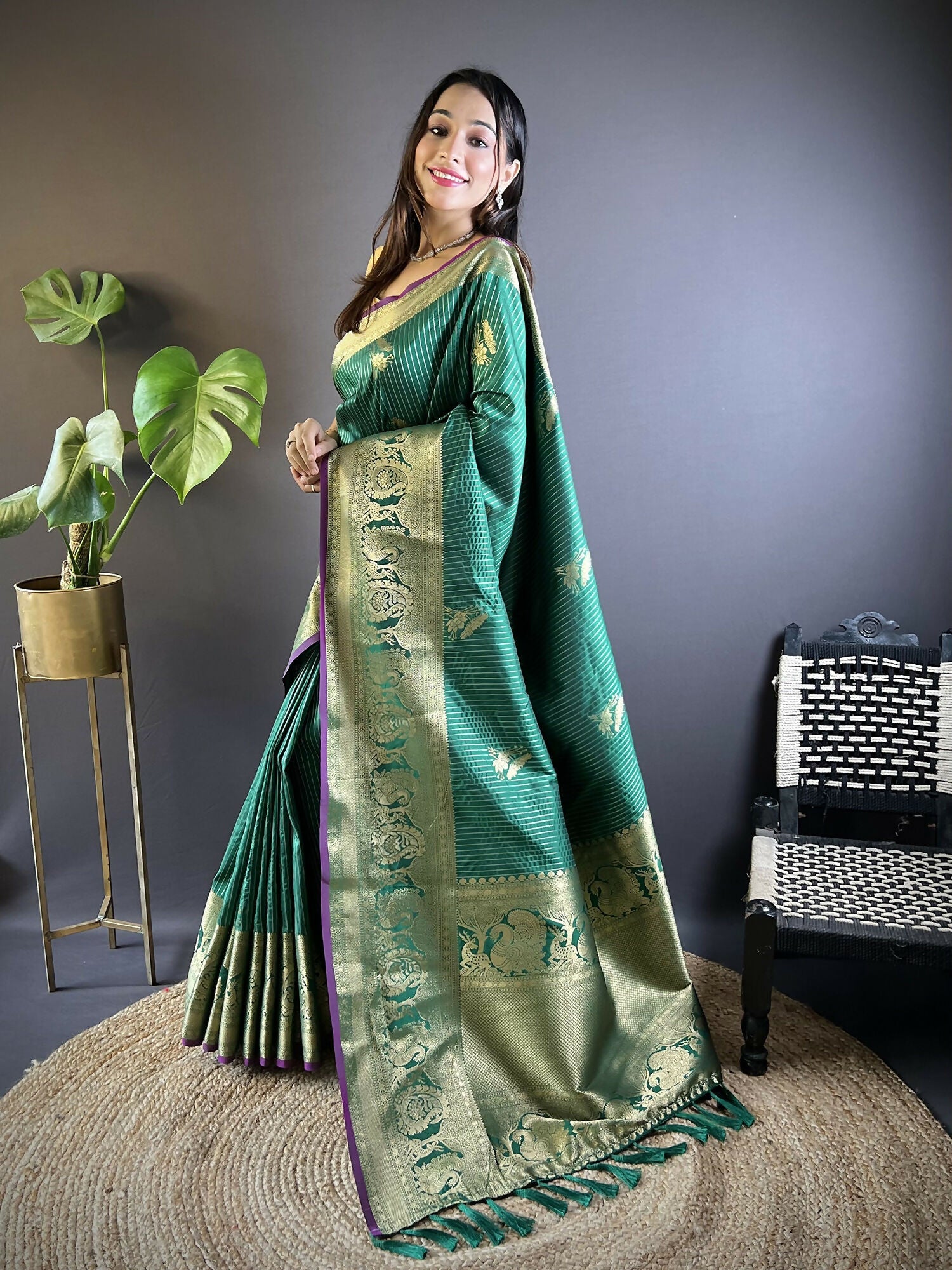 Green Soft Silk Leheriya Saree with Striped Floral Motifs