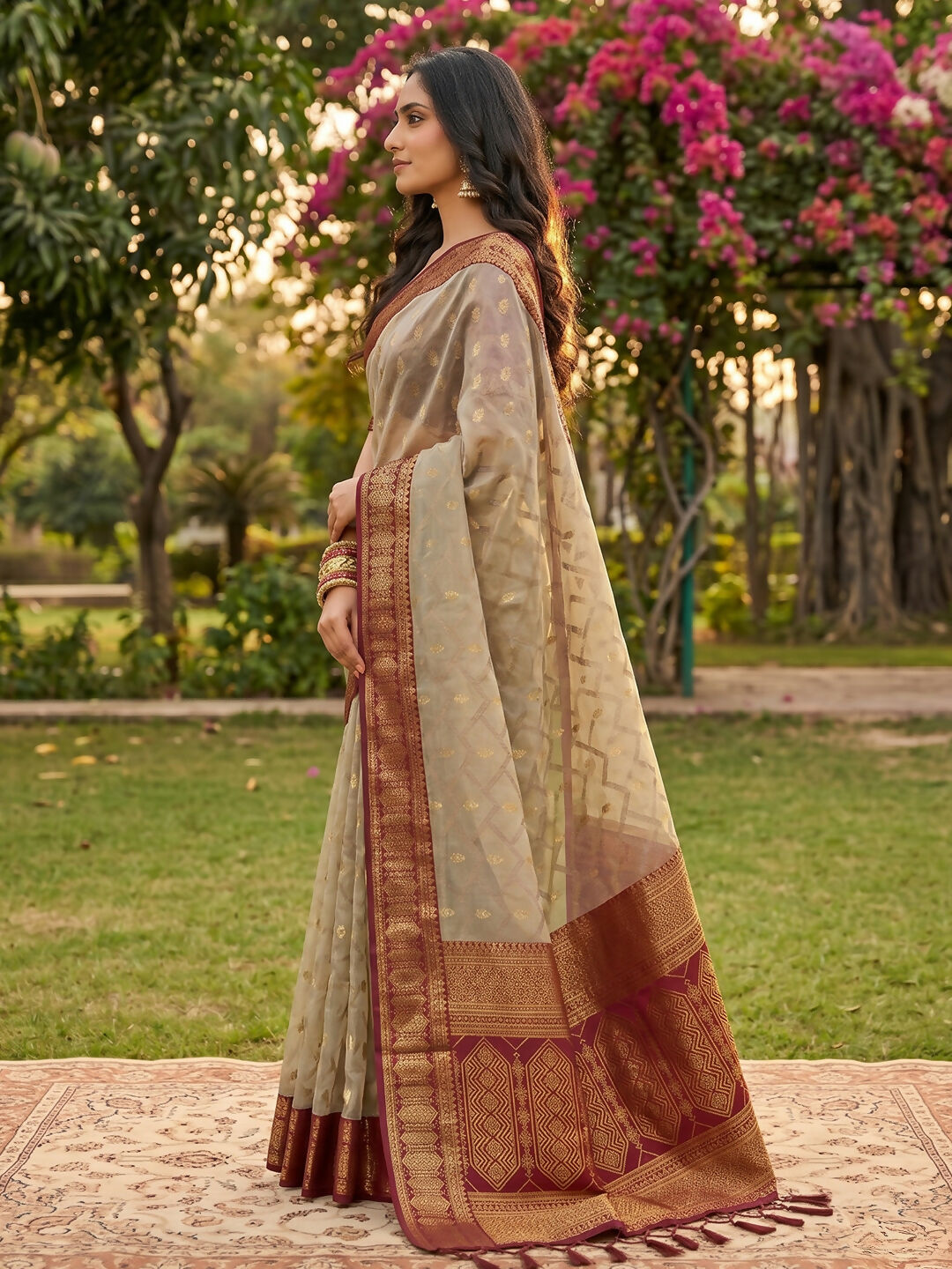Chiku and Red Cotton Saree with Matching Cotton Blouse