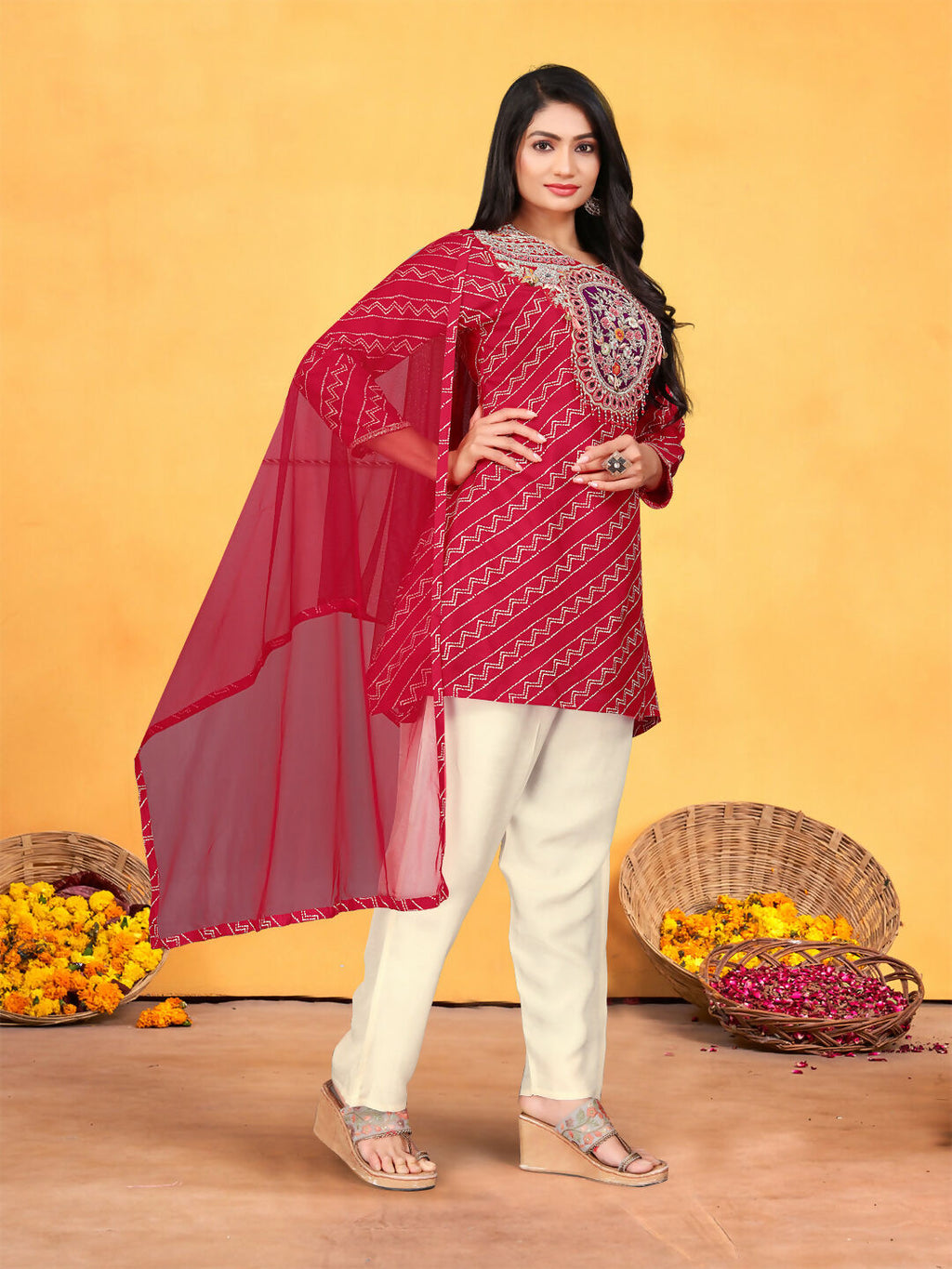 Red Pure Viscose Dola Silk Handwork Kurta Set with Cotton Lining