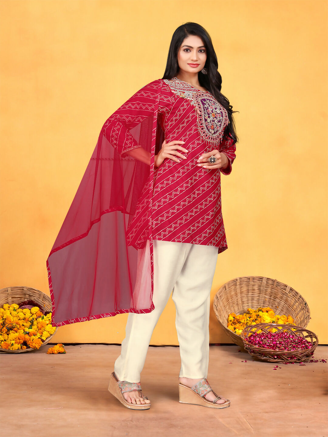 Red Pure Viscose Dola Silk Handwork Kurta Set with Cotton Lining