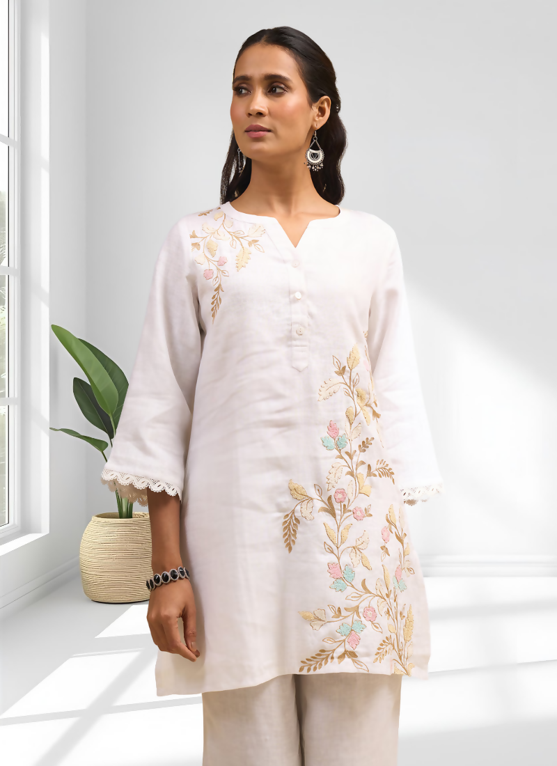 Off White Linen Embroidered Cord Set for Festive and Casual Wear
