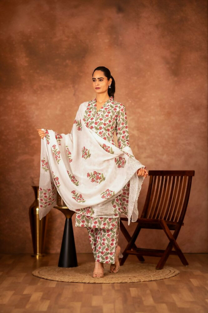 Red and green hand block printed cotton suit set