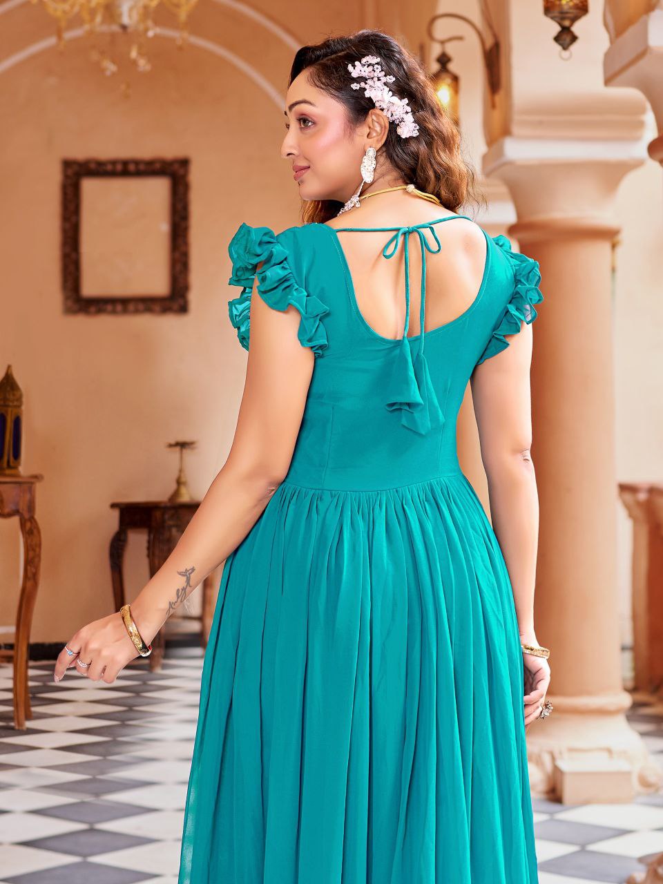 Rama Georgette Gown with Zari and Sequin Embroidery